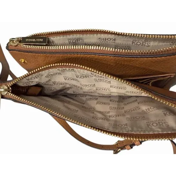 Michael Kors Fulton Double Zip Crossbody Pebble Leather Brown W/ Gold Hardware - Picture 9 of 12